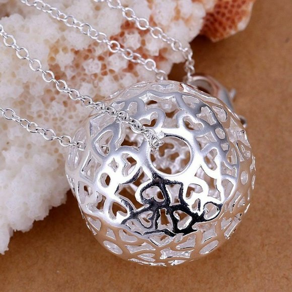 Hollow Heart Ball Sphere Pendant Silver Necklace & 18" Chain - Picture 7 of 9